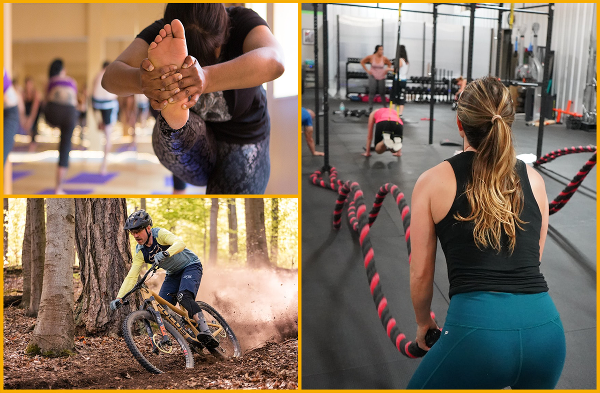 A yoga class, battle ropes and a mountain biker